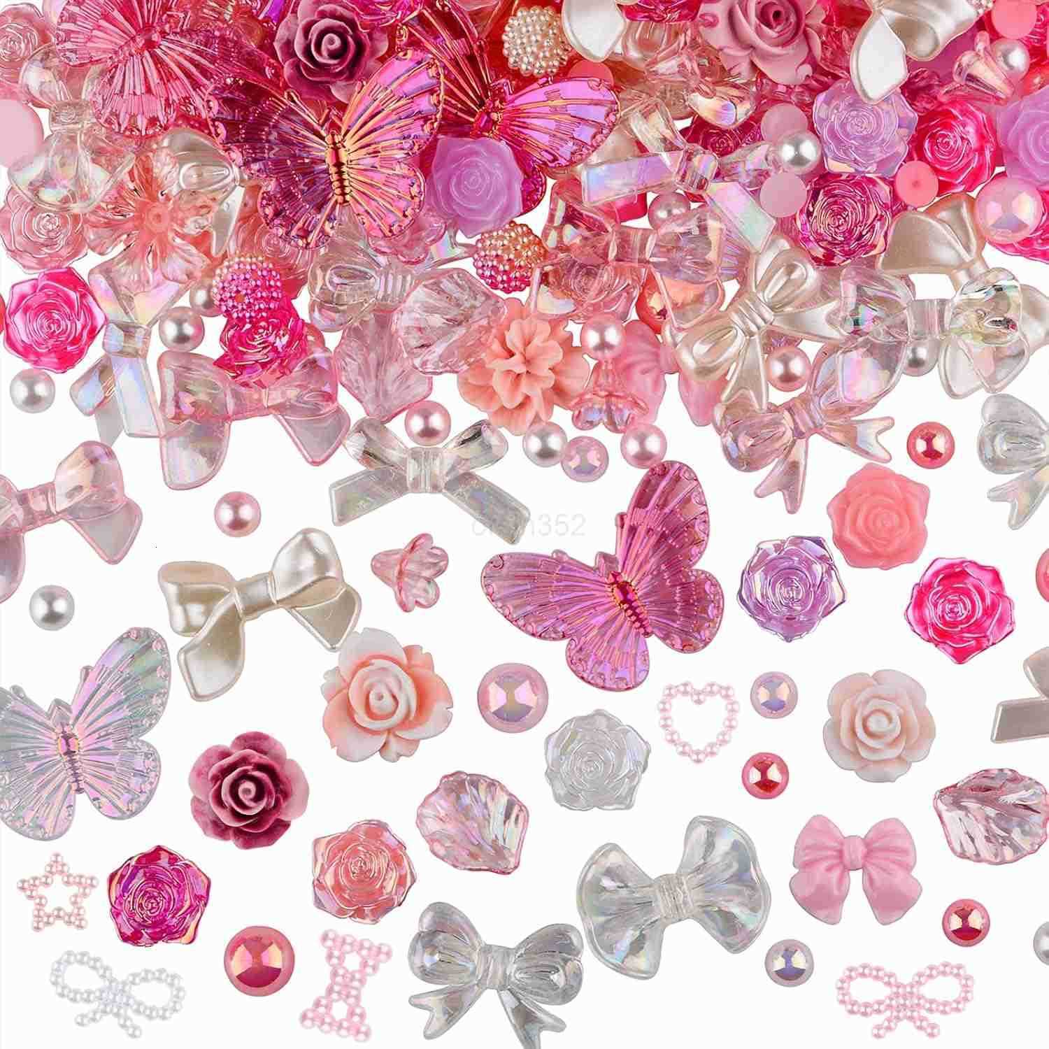 350 Pieces 3D Resin ABS Colorful Rose Flower Bows Butterfly Charms with Flatback Half Round Pearl Beads for Earring Necklace Craft DIY Making Supplies