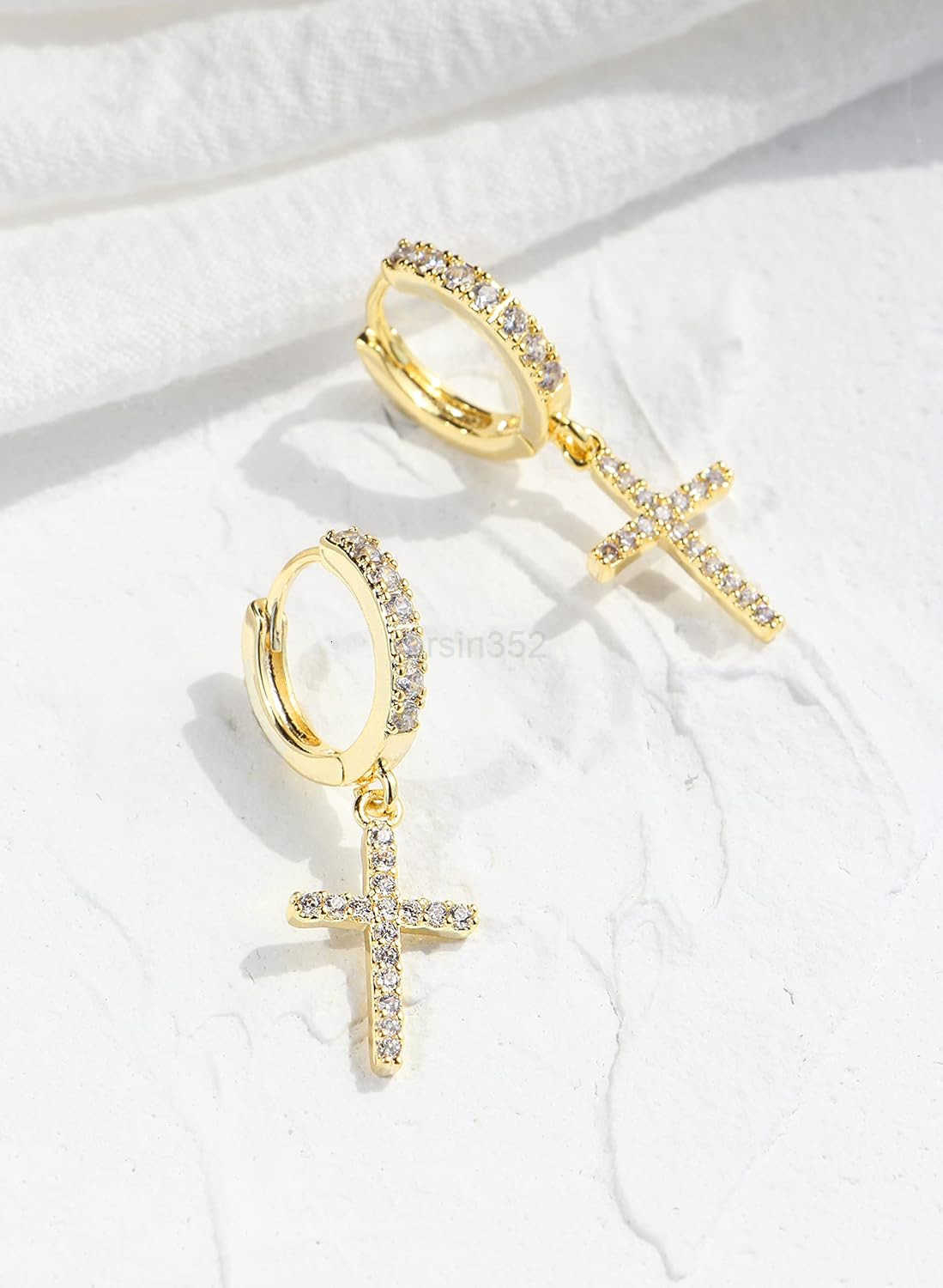 14K Gold Plated Drop Dangle Cross Hoop Earrings Trendy Gold Cross Earrings for Women Small CZ Huggie Hoops Dangling Diamond Cross Earrings for Men Hyp
