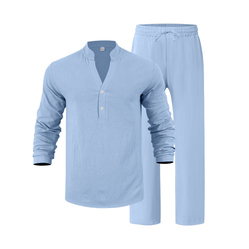 mens tracksuit Linen Lounge Set Relaxed Fit Breathable V-Neck Henley Shirt and Trousers Long Sleeve Autumn Comfort Outfit EU Size: S-3XL