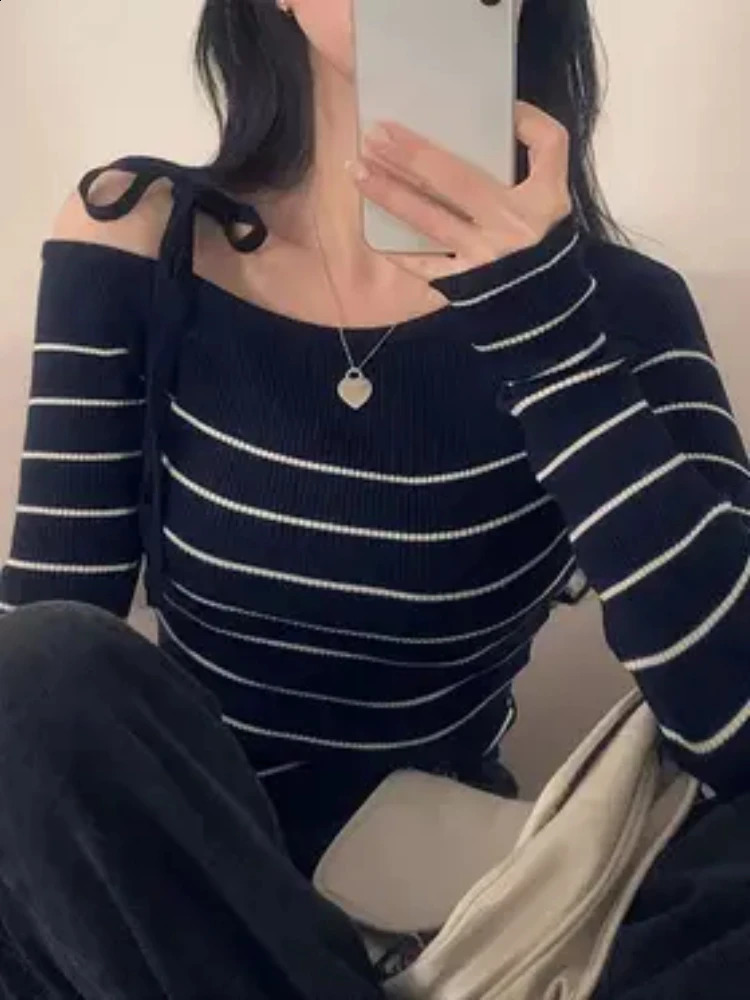 2026 Womens Elegant OffShoulder Sweater TShirt Black White Striped with Adjustable LaceUp Fall Winter Casual Chic Top 250911