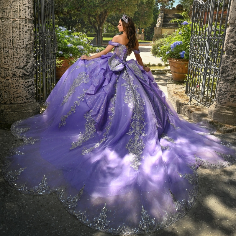Lavender Shiny Ball Gown Quinceanera Dresses Off The Shoulder Applique Lace Beads Bow Tull Party Birthday Sweet 16 Dress Vestidos 15 De Anos