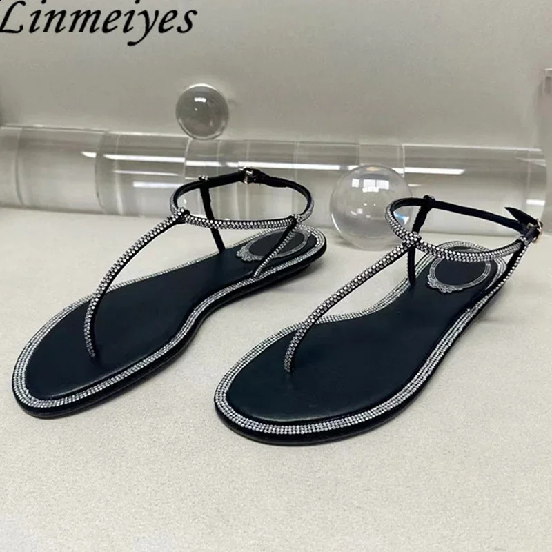 Summer Sandals Women Flip Flops Rhinestone Party Shoes Female Peep Toe Narrow Band Crystal Flat Woman Sandalias Mujer 250911