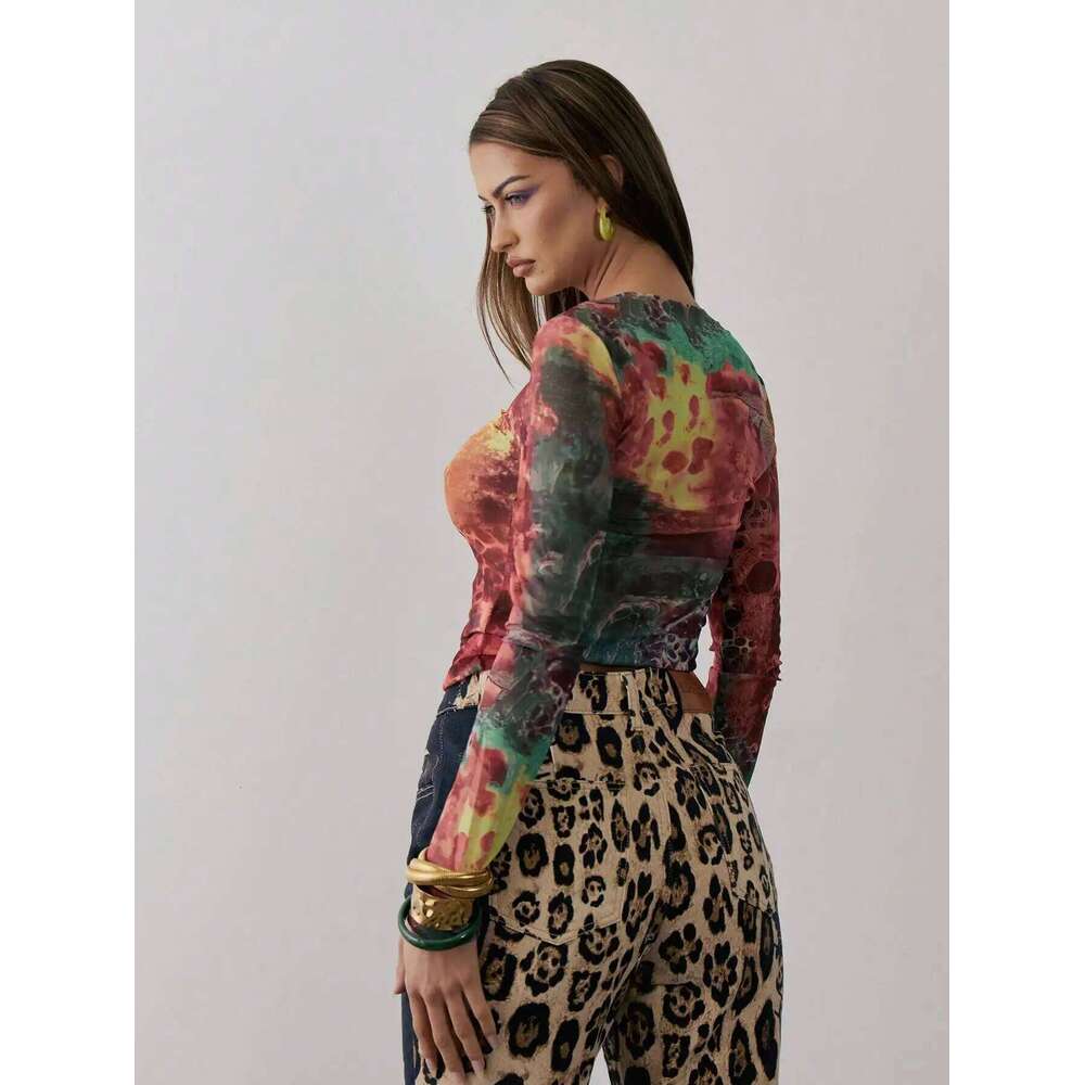 Europe And The United States Women's Spring New Mesh Tie Dye Trend Round Neck Long Sleeve Top Crop Tight T-Shirt