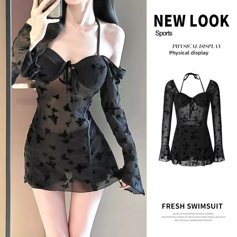 Black Butterfly Shimmer One-Piece Swimsuit for Women, Long Sleeve, Slimming, Sheer, Sexy, Small Chest, Gathered, Hot Spring