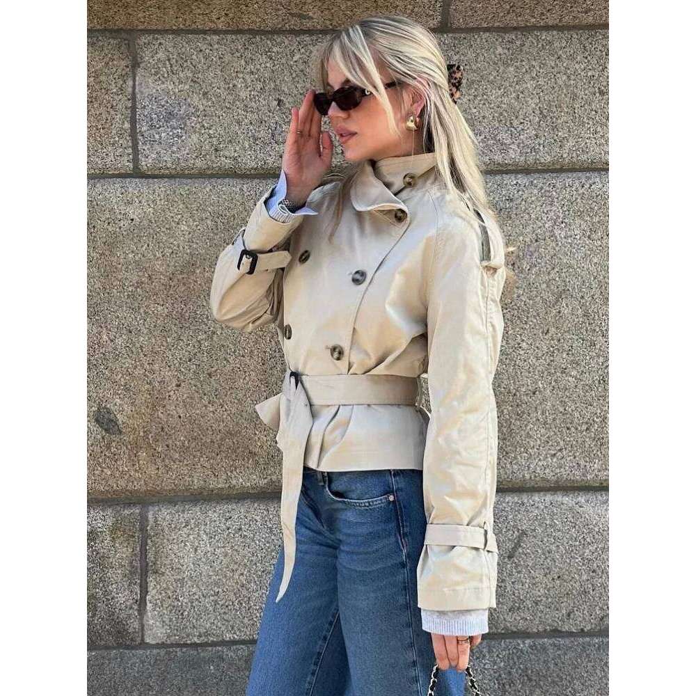 Spring Double Breasted Trench Coat With Belts Women Elegant Stand Collar Long Sleeve Jacket Office Lady Windbreaker Street Tops