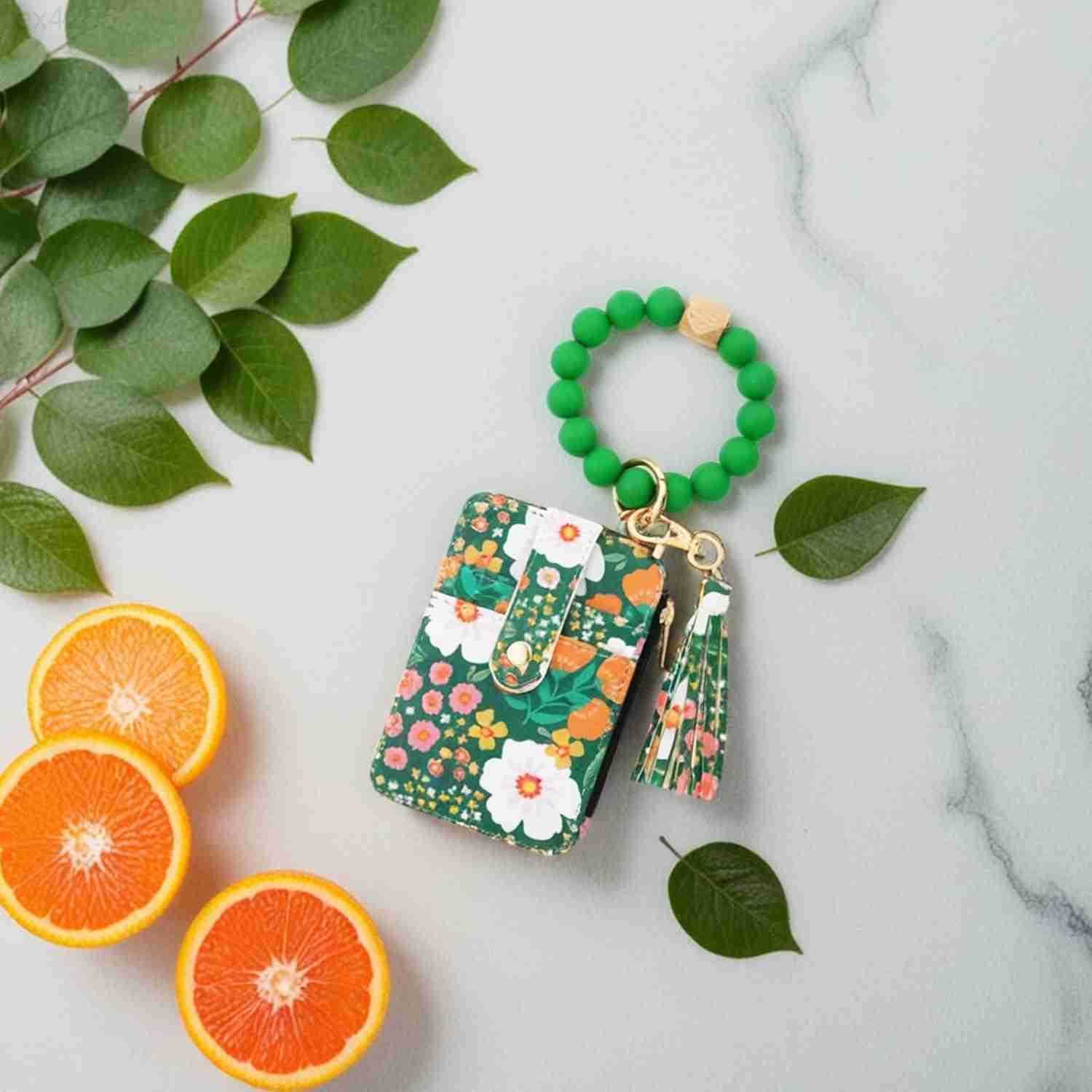 Flower Keychain Wristlet Wallets for Women Cute Silicone Beaded Credit Card Holder Aesthetic Key Ring Bracelet Leopard Wallet GreenW250911