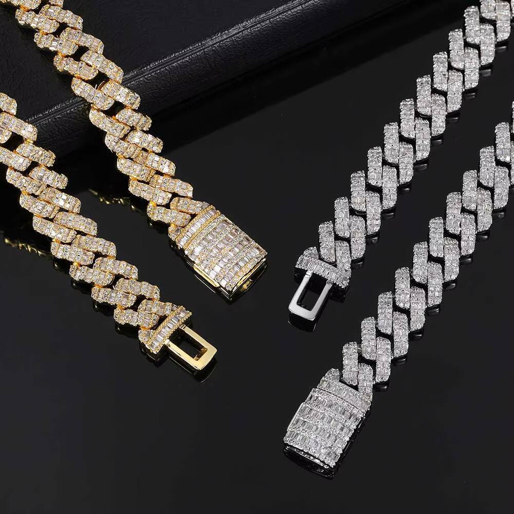 NUOYA Custom 10mm Iced Baguette Straight Line Cuban Link Chain Necklace Hip Hop Jewelry with Zircon Stones for Wedding or Gift