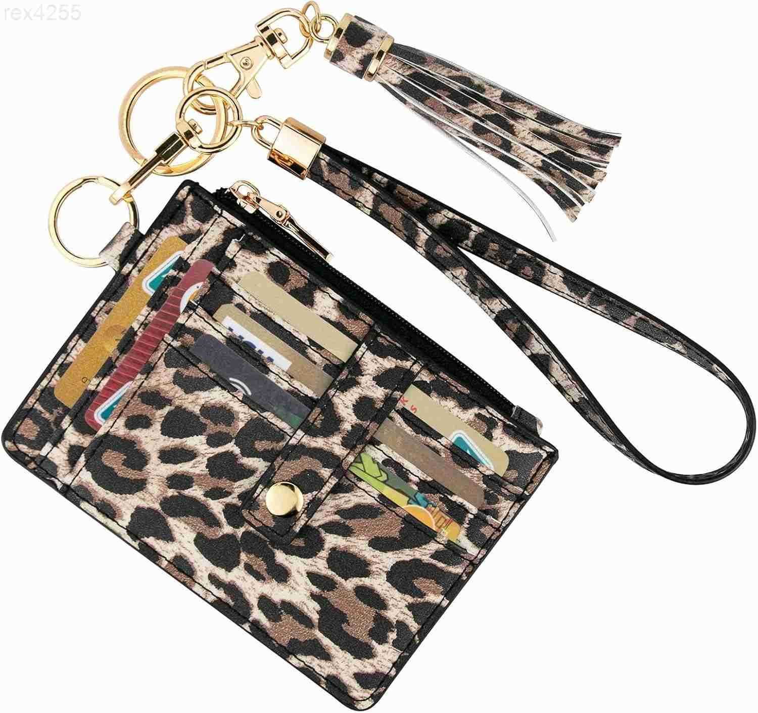 Small Wristlet Wallets for Women RFID Credit Card Holder Wallet Keychain Wristlet Wallet Credit Card Wallets for Women LeopardW250911