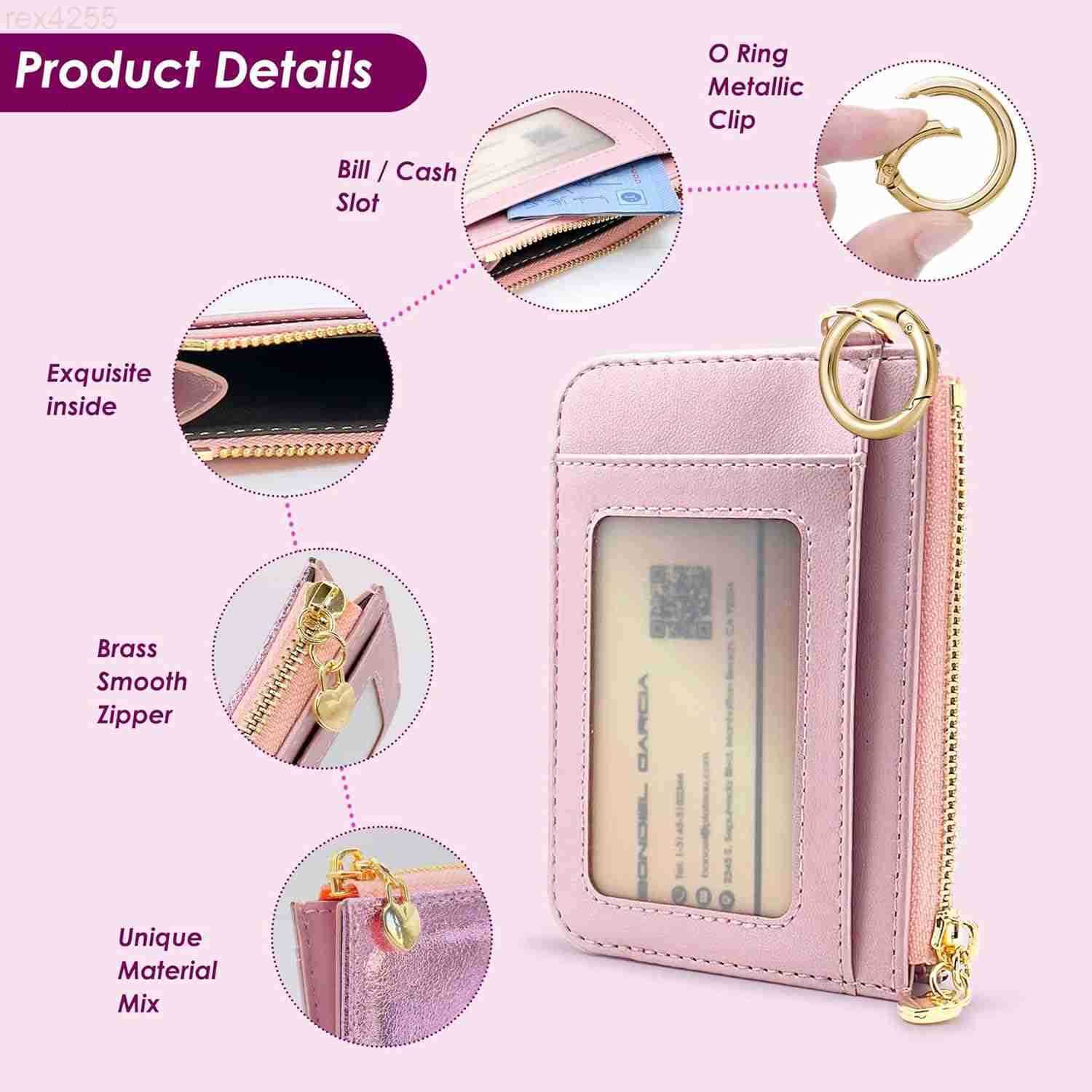 Key Chain Wallet Women Credit Card Holder for Women with Metal Key Chain Ring for Car KeysLadies Mini Purse with ID Window and Zipper Pocket Rose Pink