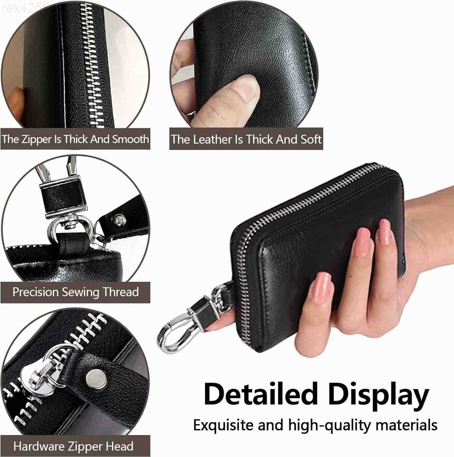 Leather Car Key Case Holder Black Keychain Case Bag Universal Car Key Fob Bags for Men Women Auto Key Chain Protector Cover Key Ring Zipper Bag with 6