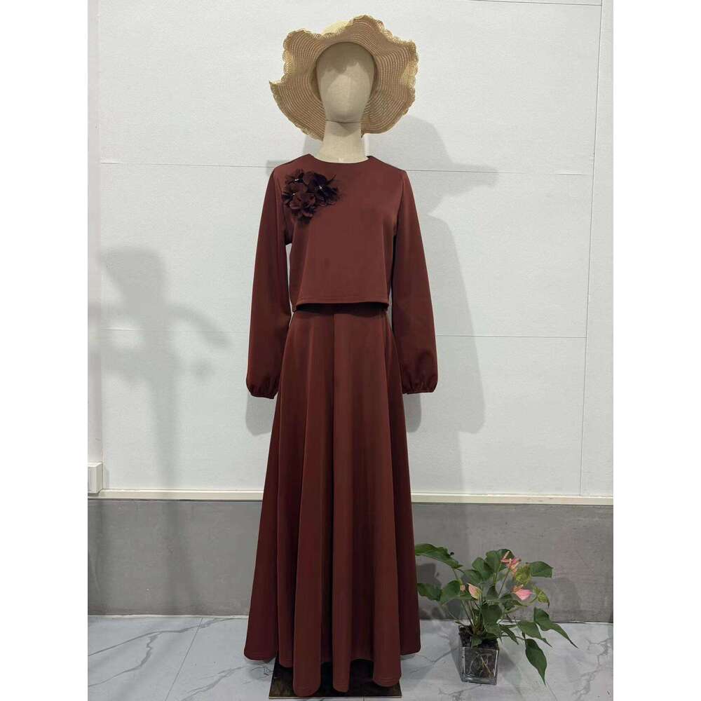 Autumn New Middle East Dubai Flower Lantern Sleeve Loose Women's Two-Piece Dress Set