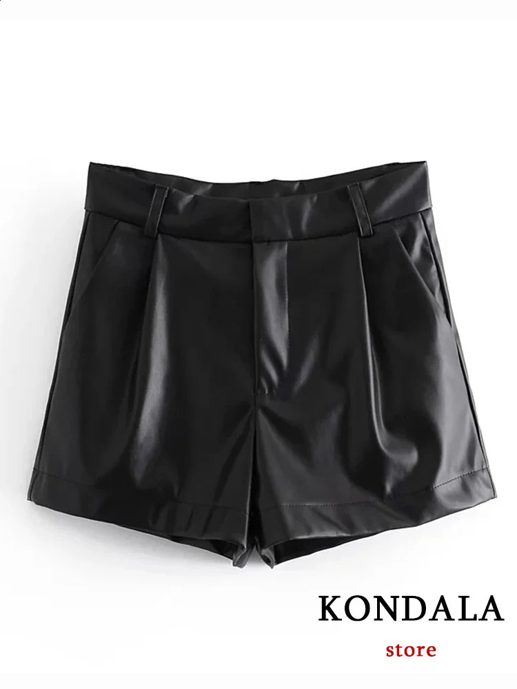 KONDALA 2024 Womens Shorts Vintage PU Leather High Waist Undefined Drapped Trousers Female Office Wear 250911
