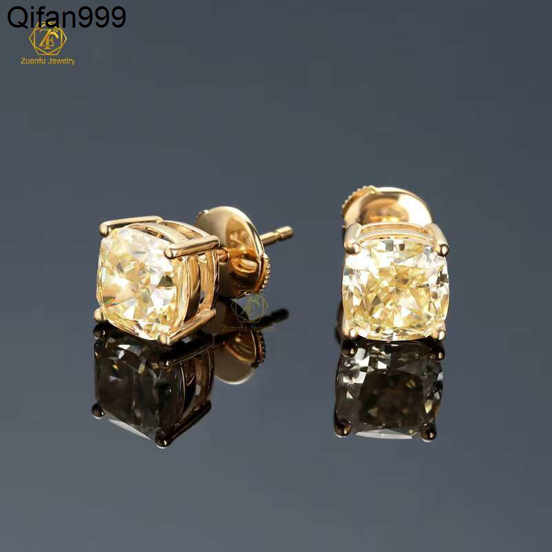 High Quality 18K Yellow Gold Fine Jewelry Certified GRA Canary Yellow 7x7MM 2CT Cushion Cut Moissanite Earrings