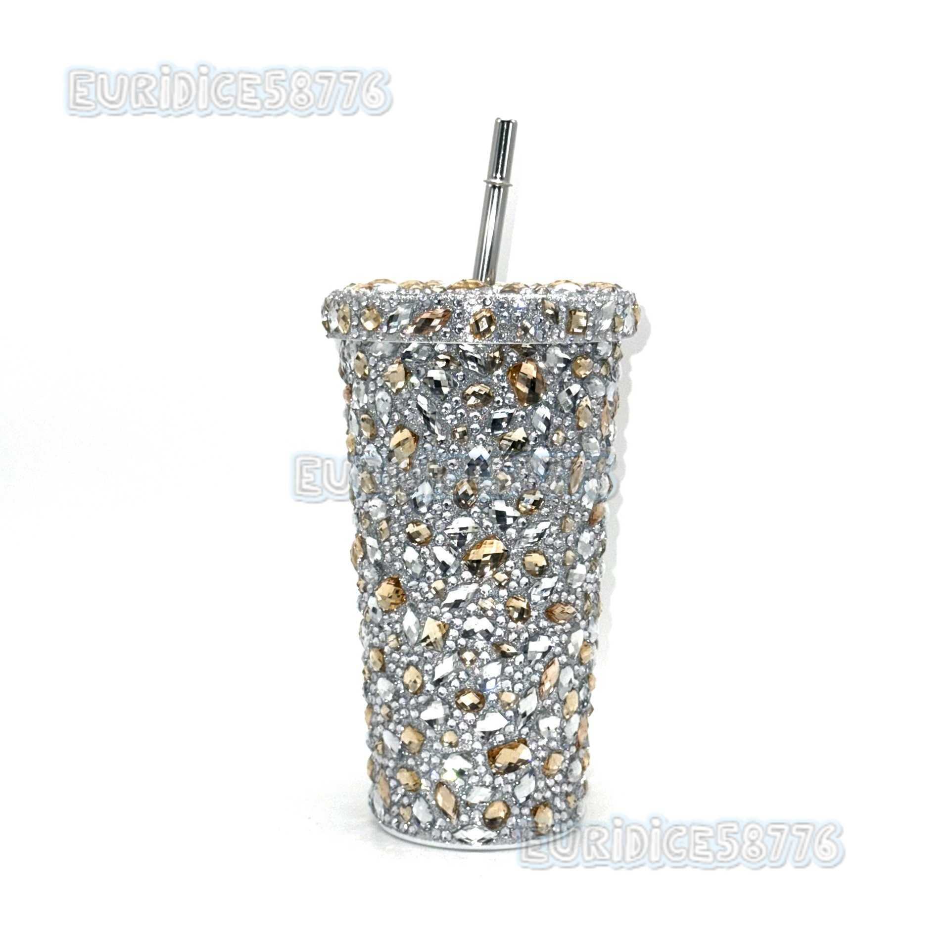 New Large Diamond Insulated Water Cup Doublelayer Straw Cup Beverage Cup Drinking Cup H250911