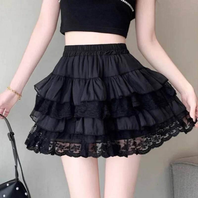 Elastic Gothic Lace Tutu Skirt Women Black Mesh Detail Petticoat Sexy Mini Tulle Skirts Party Club Wear Dancer dongdumaoyi