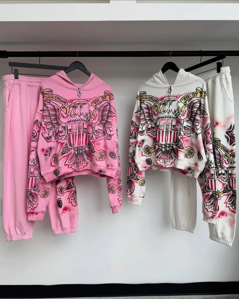 European and American men clothing set Y2k fashion oversized patterned printed sportswear Harajuku retro loose casual 250911