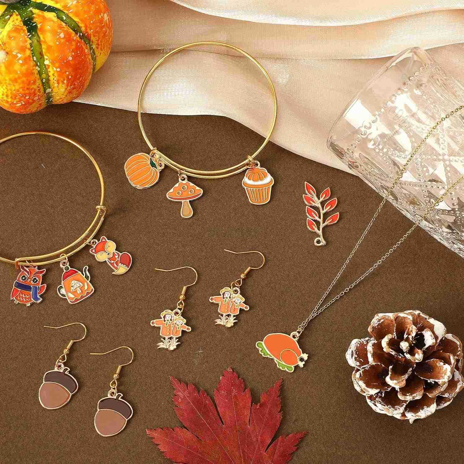 110Pcs55 Pairs Fall Charms Thanksgiving Charms for Jewelry Making Bulk Autumn Thanksgiving Pumpkin Maple Leaf Turkey Enamel Charm Pendants for DIY W25