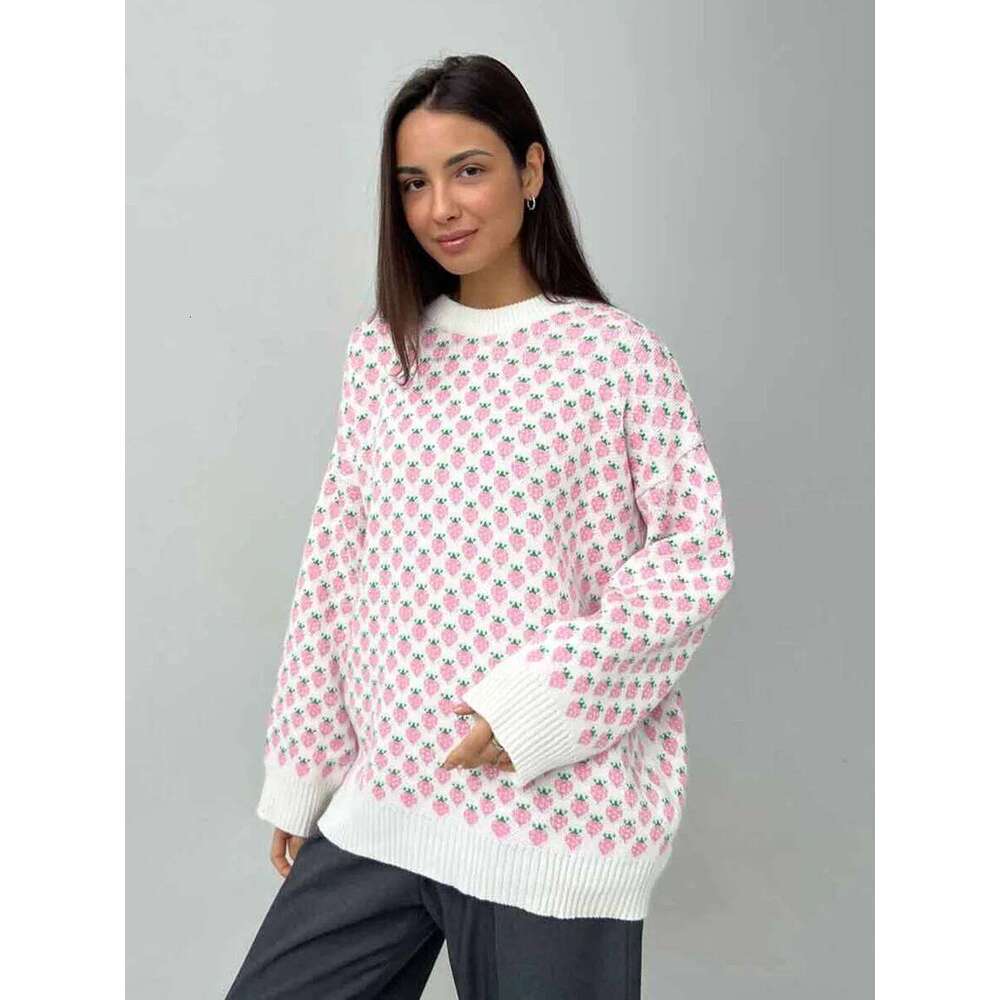 Blubelle Women's O - Neck Pullover Knit Sweater Loose Fit Soft Strawberry Print Oversized Cozy Autumn Winter Casual Pullovers