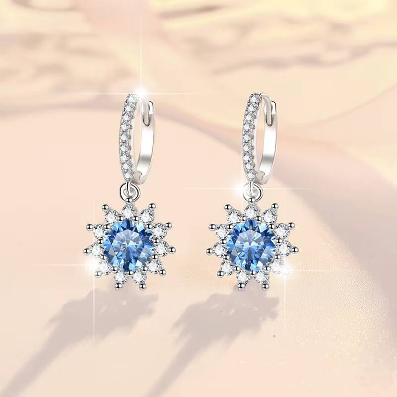 Fine Jewel Flower Shape S925 Silver Design GRA Test Drill Pen 105Ct Blue Pink Color Moissanite Stud Pendants Hoop Earrings