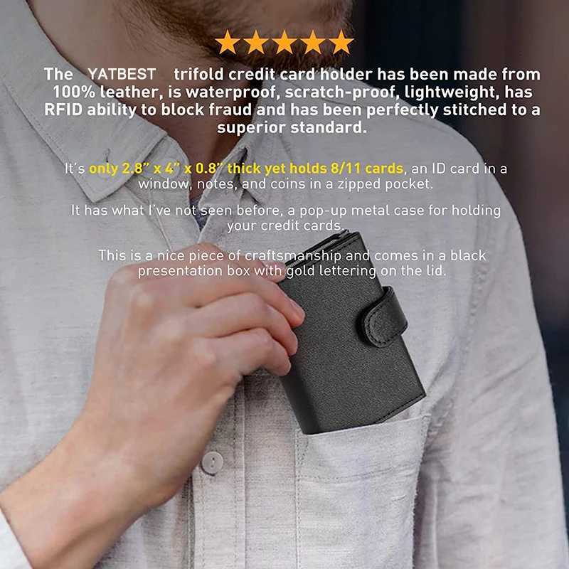 YATBEST Card Holder Wallet Slim Minimalist Pop Up Leather Men Wallets RFID Blocking Metal Bank Card Case with Coins Pocket W250911