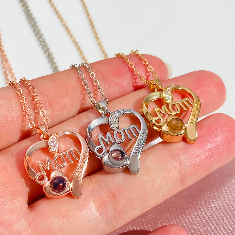 MOM Letter Heart Necklace For Women Creative Design 100 Languages I Love You Projection Clavicle Chain Mother's Day Gift