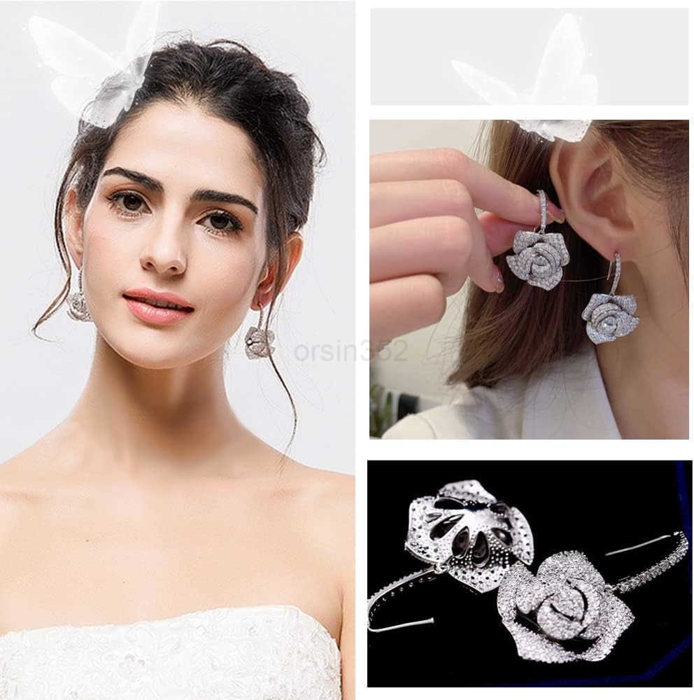 Flower Dangle Stud Earrings for Women Girls with Charms Fashion Luxury Pave Rhinestone Filigree Camellia Rose Dainty Crystal Drop Dangling Wedding Pro
