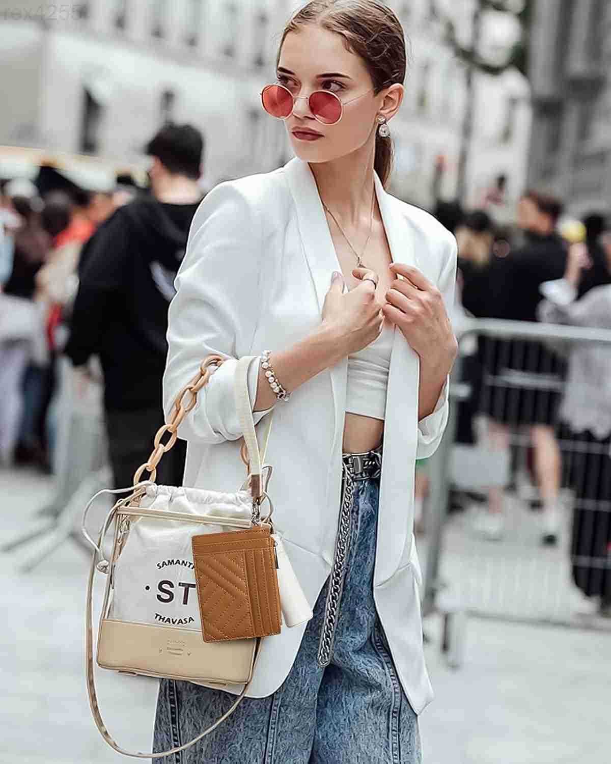 Keychain Wallet RFID Leather Credit Card Holder Wristlet Wallets for Women with Coin Purse Lipstick Case BeigeBrownW250911