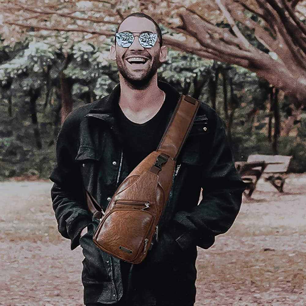 Leather Sling Bag Mens Crossbody Bag Chest Bag Sling Backpack for Men with USB Charge PortW250911