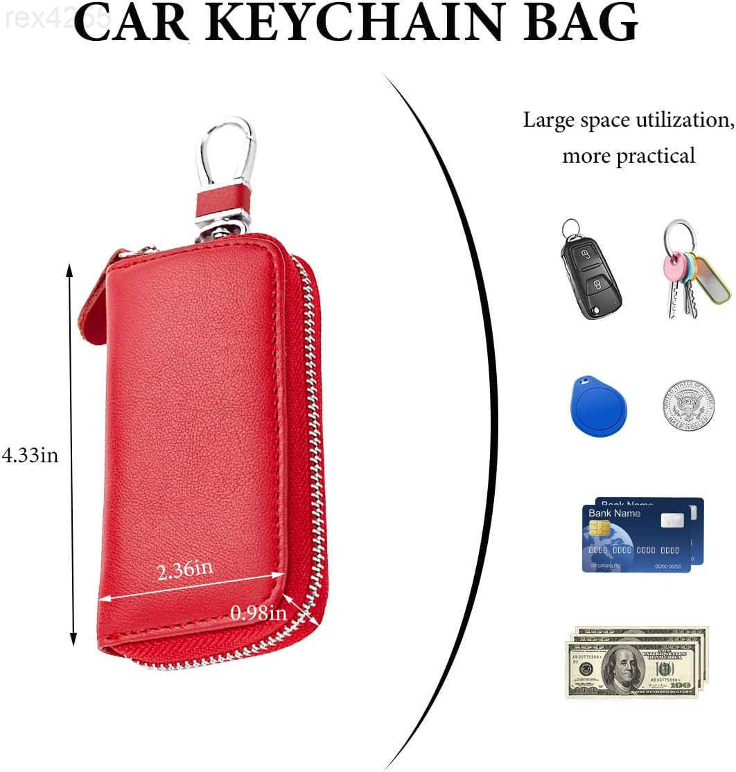 Leather Car Key Holder Bag Unisex Key Fob Case with 6 Hooks Zipper Closure Keychian Case Wallet for Smart Keys BlackW250911