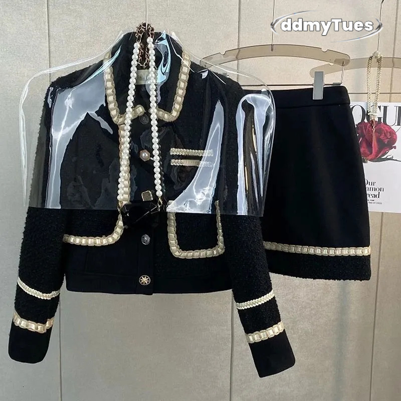 Winter Vintage Small Fragrant Black Tweed Coat Woolen Jacket Two Suit Wrap Hip Mini Skirts Dress Sets Fashion Clothes Women 240708 TUES