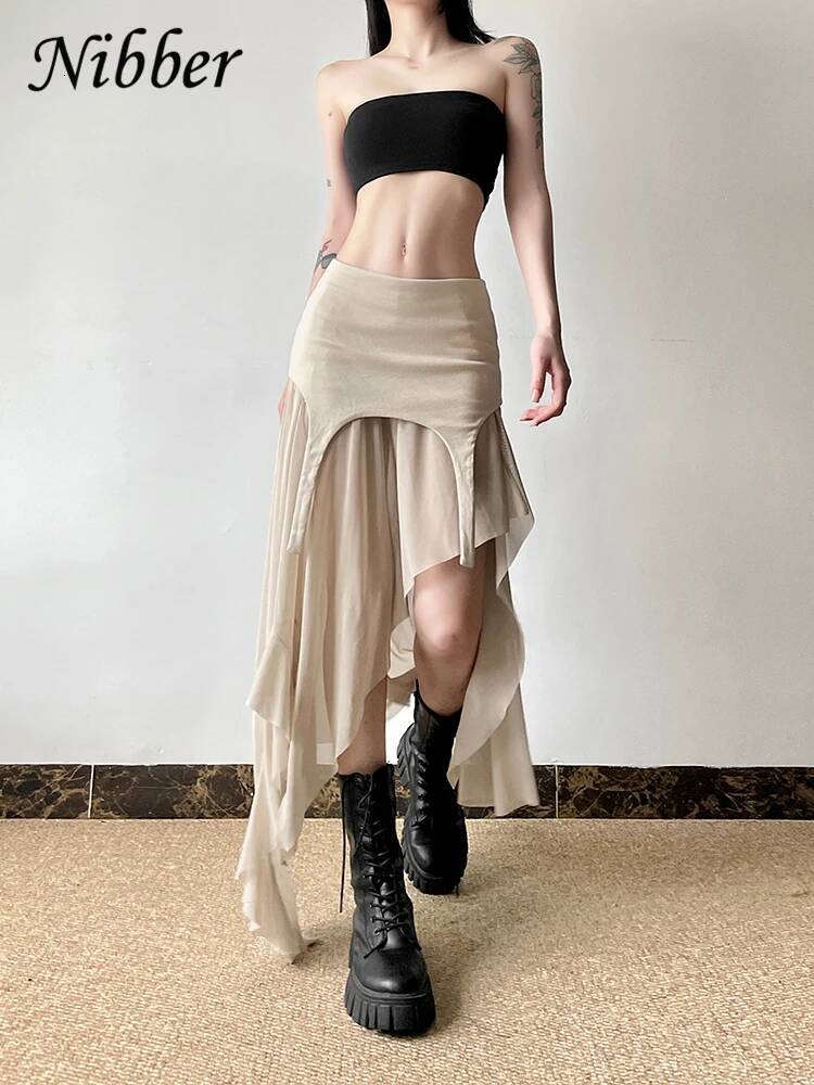 Nibber 2024 Summer Solid Color Simple All-match Casual Sexy Fimbriate High Street Trendy Cool Women's Laminated Ruffled Skirt dongdumaoyi