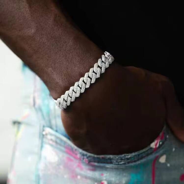 RTS Hot Sale Moissanite Bracelet 2rows 8mm20mm Wide Hip Hop Bracelet S925 Silver VVS Moissanite Diamond Cuban Bracelet for Men
