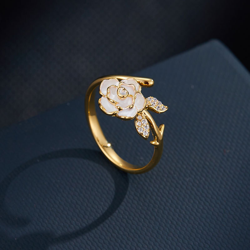 French Camellia Open Oil Drop Micro Inlay High-end Flower Index Finger Light Luxury Adjustable Ring