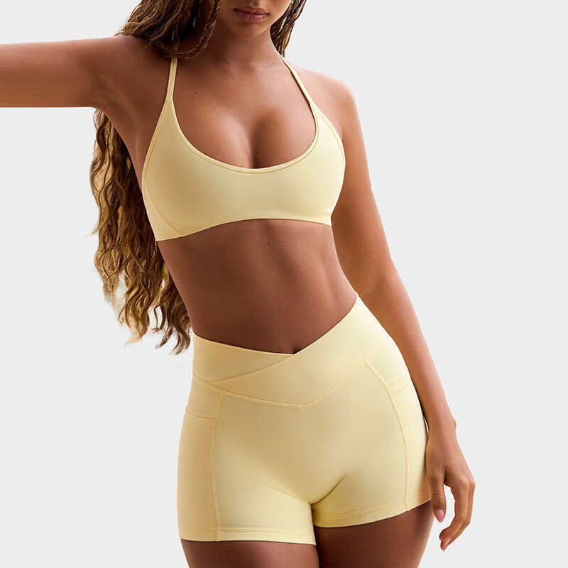 High Elasticity Halter Beauty Back Bra Cross Waist Fiess Three-Point Shorts Yoga Outfit Sports Set