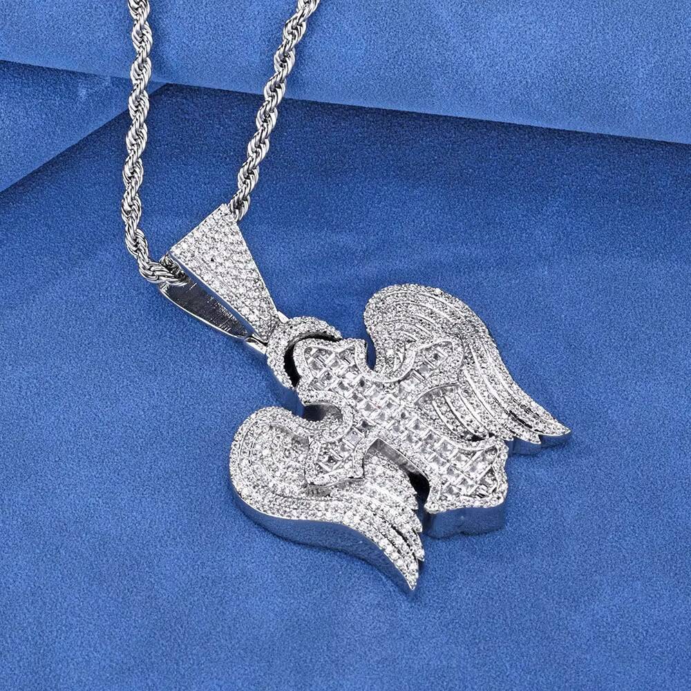 Popular Retro Cross Wings Zircon Pendant Personalized Hip Hop Necklace for Men Brass Jewelry with Rope Chain for Anniversaries