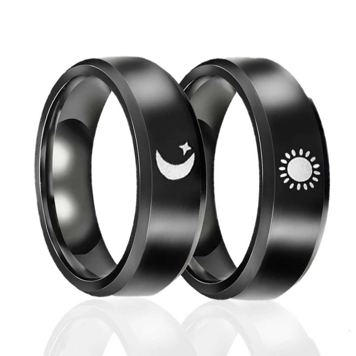 Black Color Stainless Steel Sun Moon Couple Rings For Women Men Minimalist Trendy Star Moon Sun Knuckle Ring Anniversary Jewelry W250911
