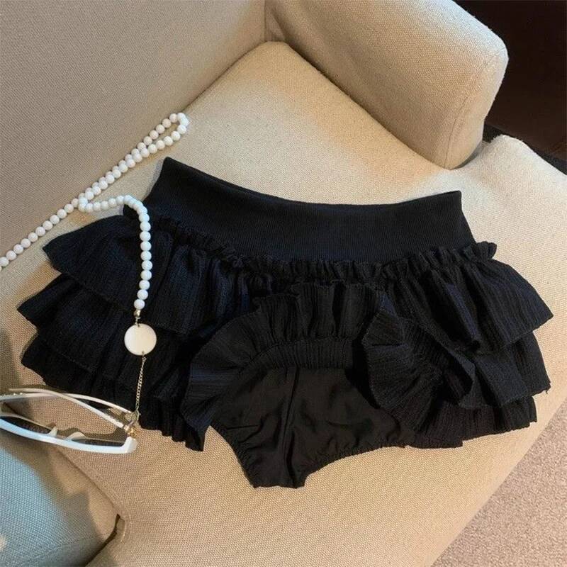 Sweet Puffy Cake Women Skirts Korean Fashion Ruched Ruffle Mini Campus Haruku Casual Versatile Elastic Waist Solid Skirt dongdumaoyi