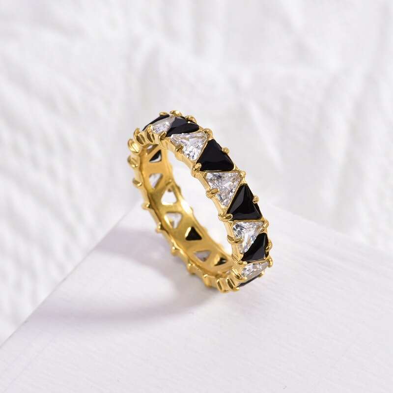 Hot Selling Titanium Steel Row Colorful Zircon Ring for Women with Diamond Triangle Design