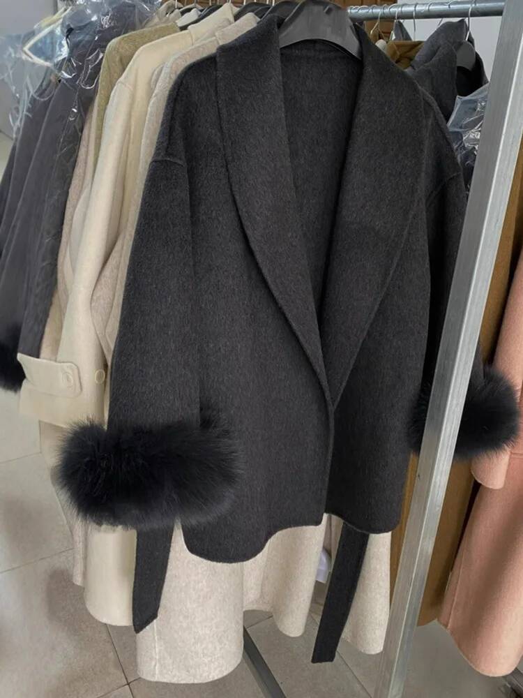 Tossy Fox Fur Overcoat Women's Short Office Lady Elegant Double-sided Woolen Coat 2025 New Cardigan Jackets Loose Wool