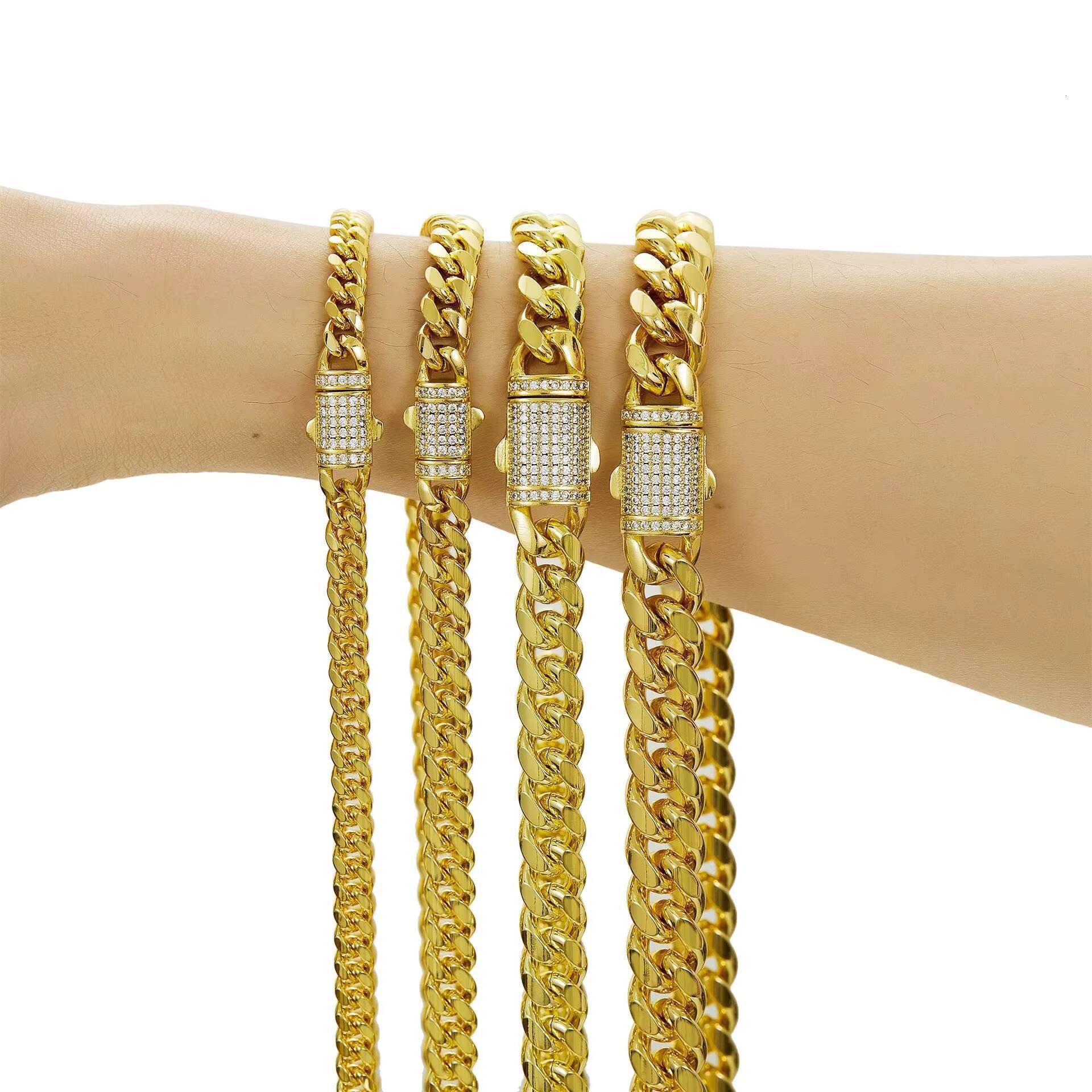 Mens Hip Hop Style Miami Cuban Link Chain 14K GoldPlated Stainless Steel Trendy Fashion Jewelry Zircon Diamond Geometric