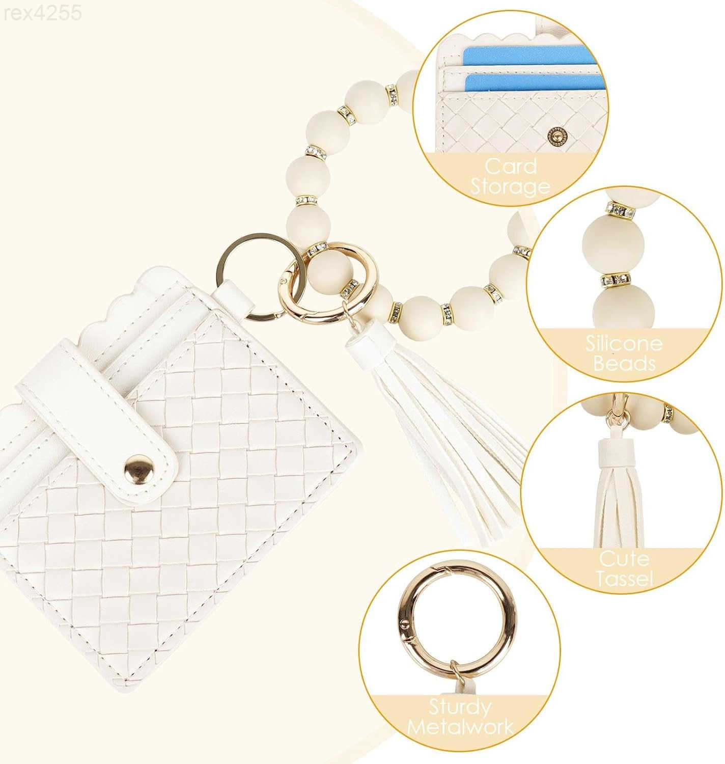 Wristlet Keychain with Wallet for Women Small Beige RFID Blocking Card Holder Keyring Charm with TasselW250911