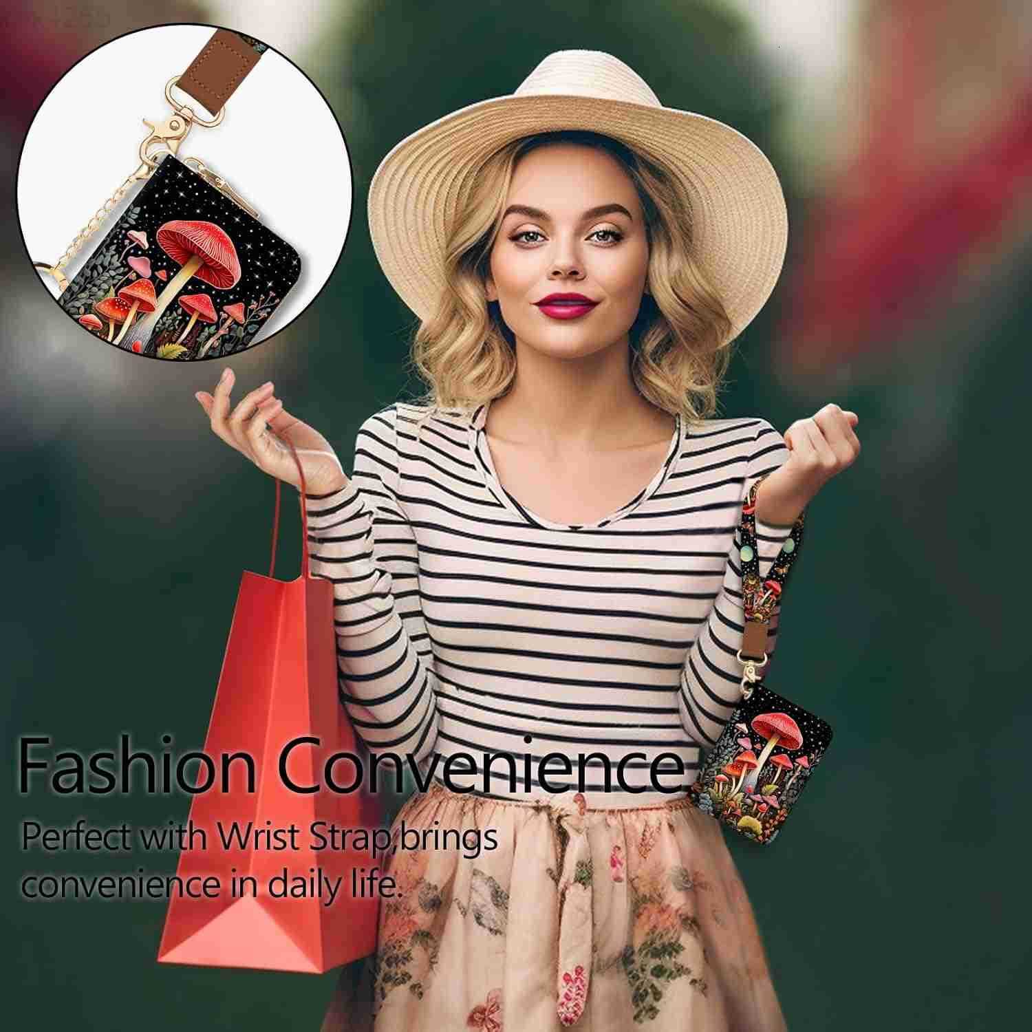 Credit Card Holder for Women Goth Small RFID Blocking Wallet with Wristlet Strap Gothic Zipper Keychain Women Wallet Leather Card Case Wallet Purse wi