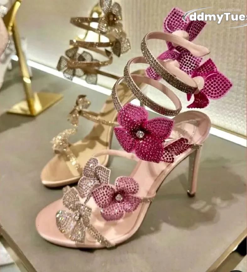 Dress Shoes CHMURY Pink Flower Rhinestone High Heels Sandals For Women Party Elegant Stiletto TUES