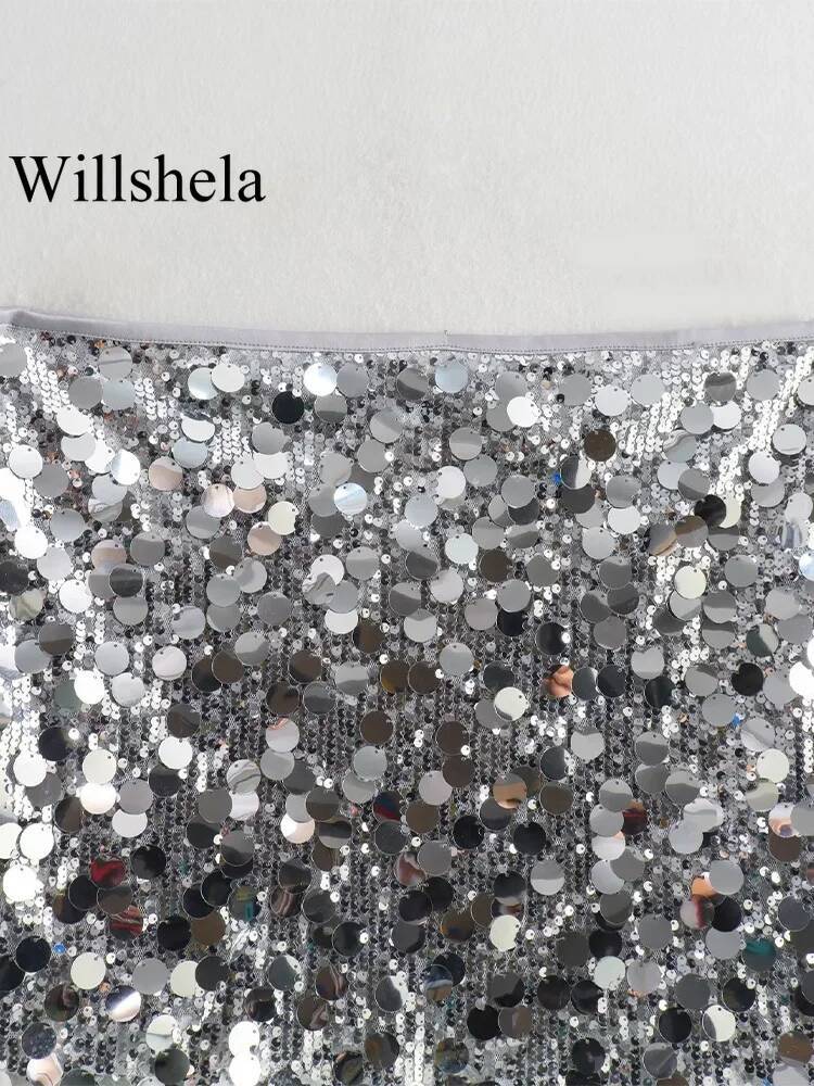 Willshela Women Fashion With Sequined Solid Side Zipper Mini Skirt Vintage High Waist Female Chic Lady Skirts dongdumaoyi