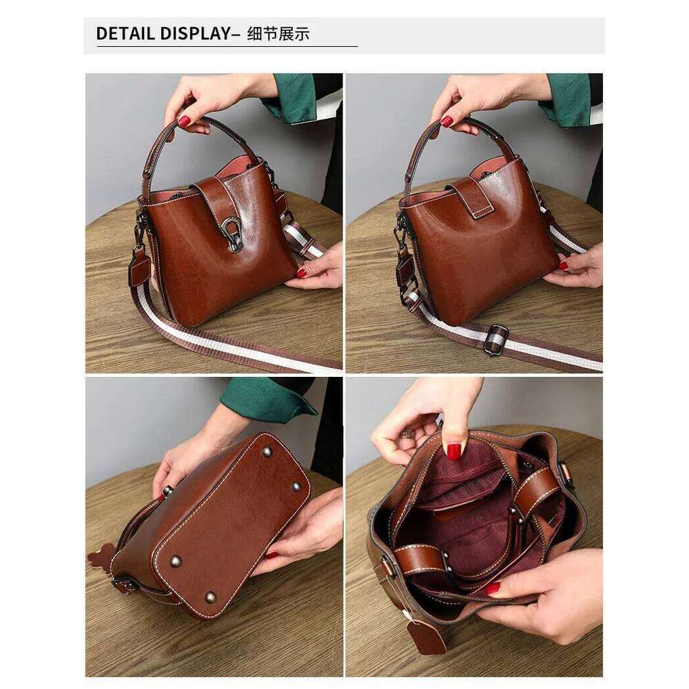 Real Oil Wax Leather Women's Bucket Casual and Simple Handbag Large Capacity Ladies Cowhide Fashionable Crossbody Tote Bag