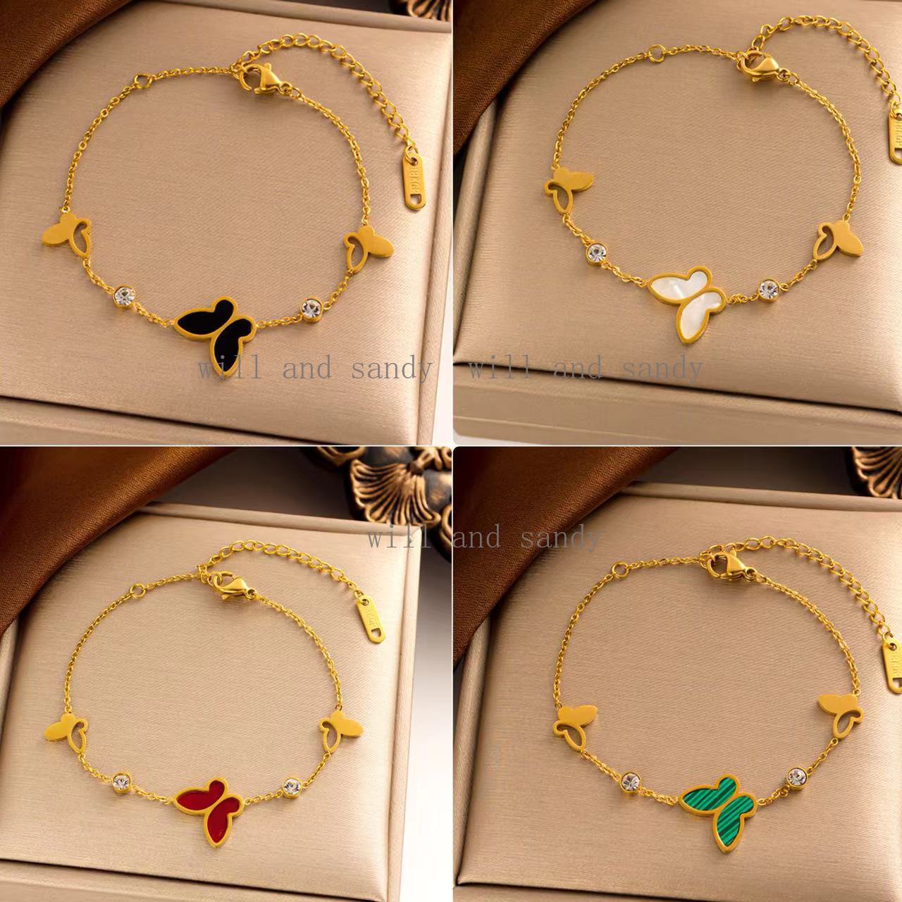 18k Gold Cubic Zirconia Butterlfy Charm Bracelet Chain Designer Jewelry Stainless Steel Diamond Bracelets Cuff Necklace for Women Gift Crystal Fashion Jewelry