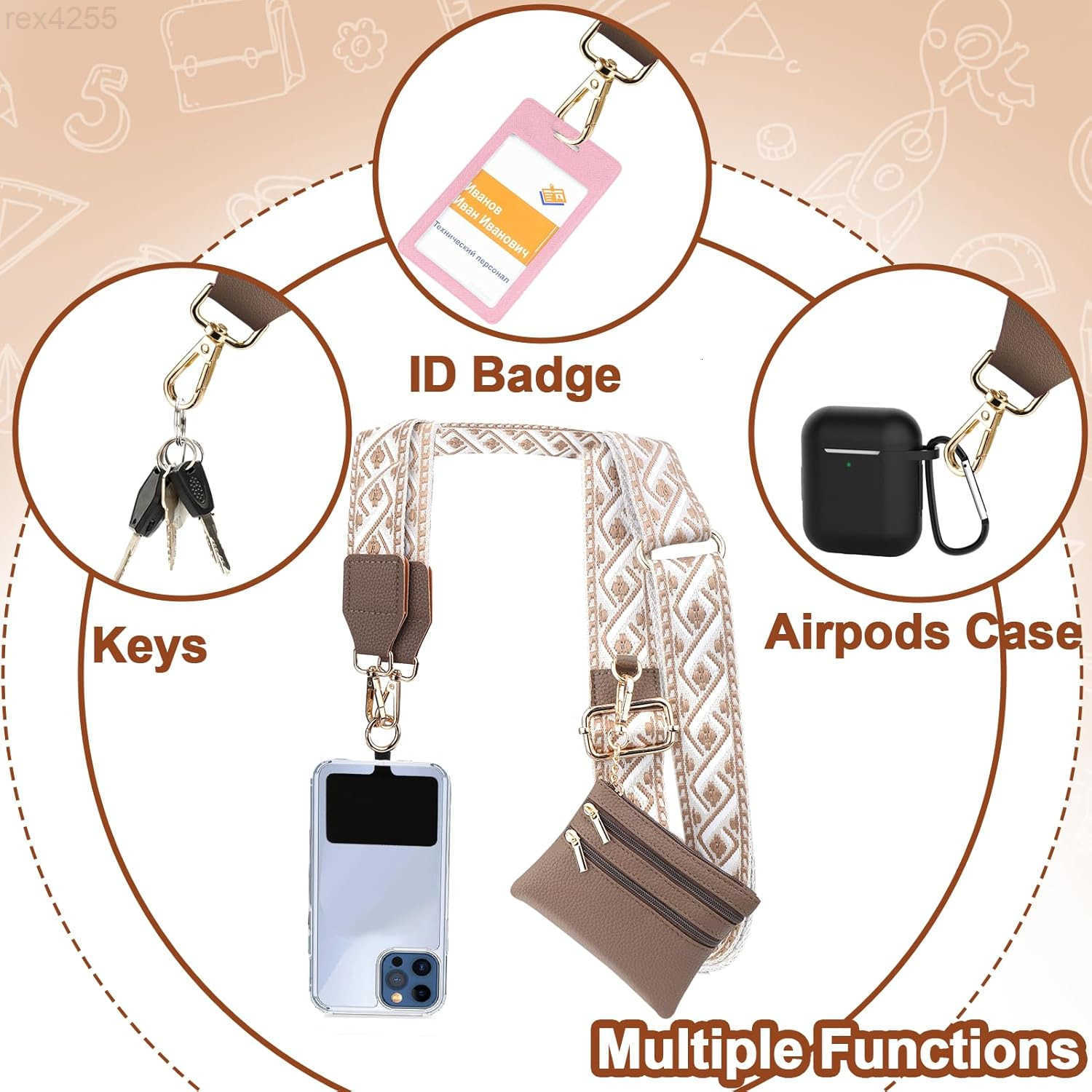 Clip and Go Strap for Phone with Wallet Crossbody Phone Strap with Zippered Wallet Adjustable Anti Theft Cellphone Lanyard for Women Cellphone Chain A