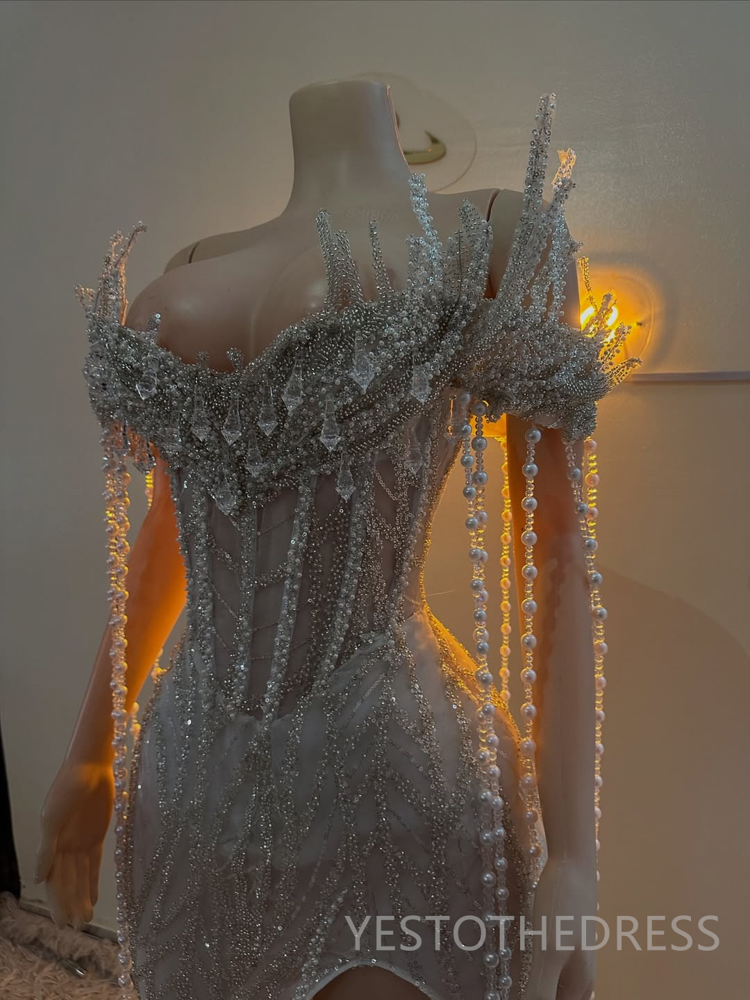 2025 Off White Aso Ebi Prom Dresses For Black Women Mermaid Evening Dresses Formal Gowns V Neck Side Split Beaded Lace Crystals Birthday Second Recept