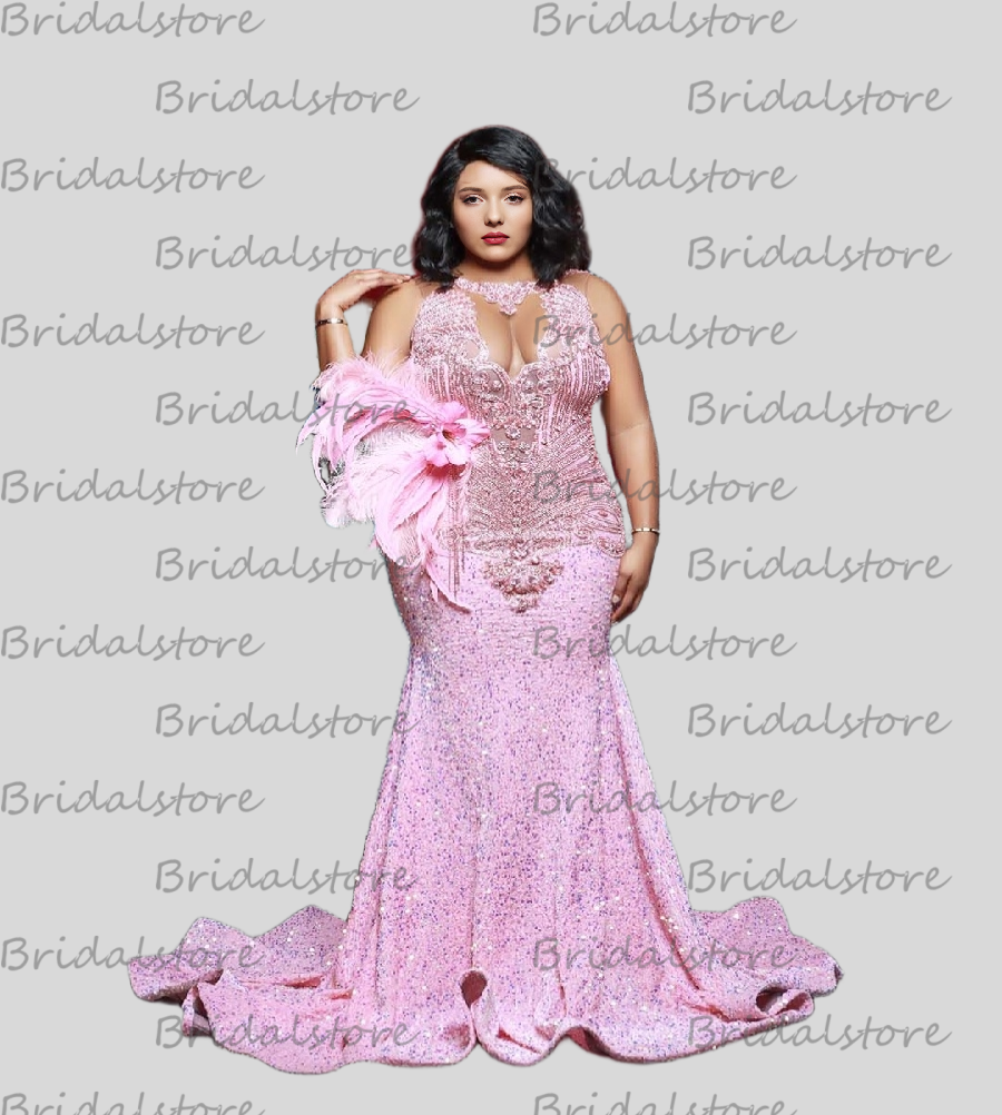 Sparkly Pink Sequin Evening Dress With Feather Plus Size Diamond Crystal Mermaid Prom Dress Open Back Birthday Party Dress 2025 Shiny Bespoke Occasion