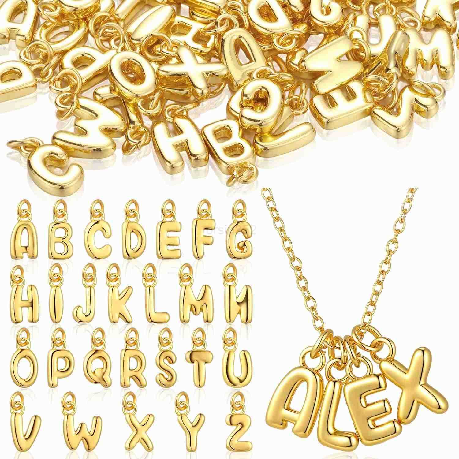 18 K Gold Bubbled A Z Alphabet Pendant Letters for Jewelry Making 3D Bubble Slide Glitter Trendy Letters Chunky Initial Alphabet Women DIY NecklaceW25